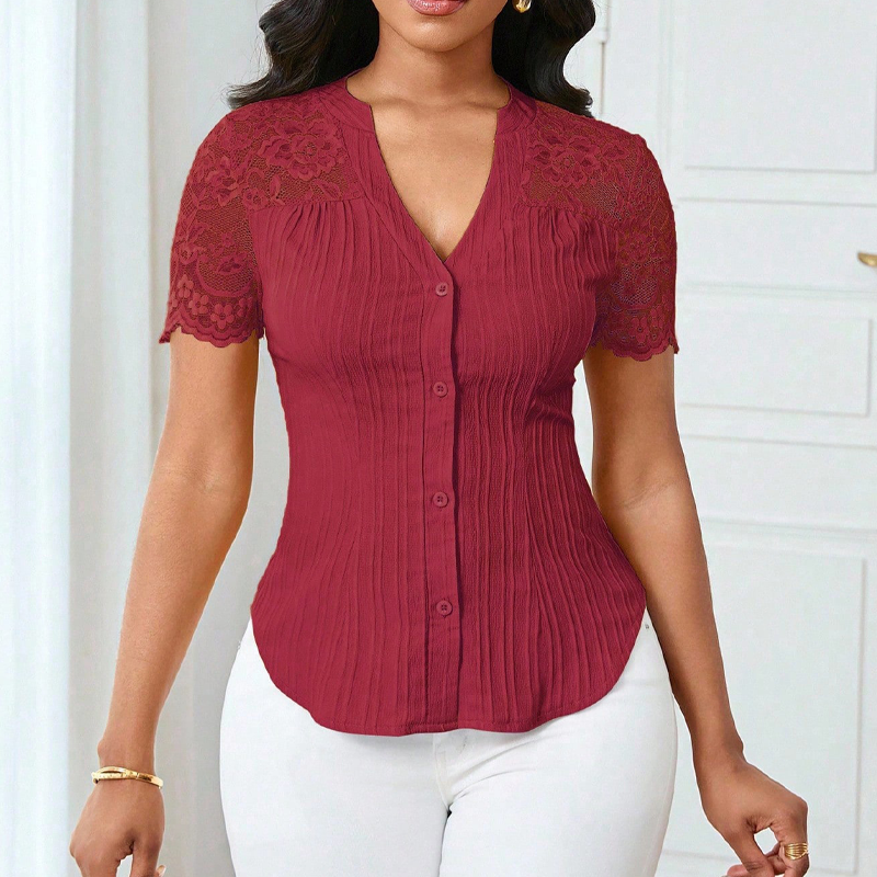 🔥Limited-time offer-Women's V-Neck Lace Sleeve Button Down Summer Blouse