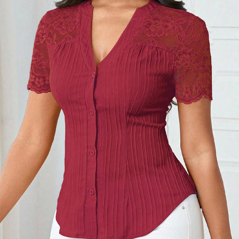 🔥Limited-time offer-Women's V-Neck Lace Sleeve Button Down Summer Blouse