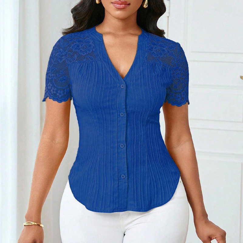 🔥Limited-time offer-Women's V-Neck Lace Sleeve Button Down Summer Blouse