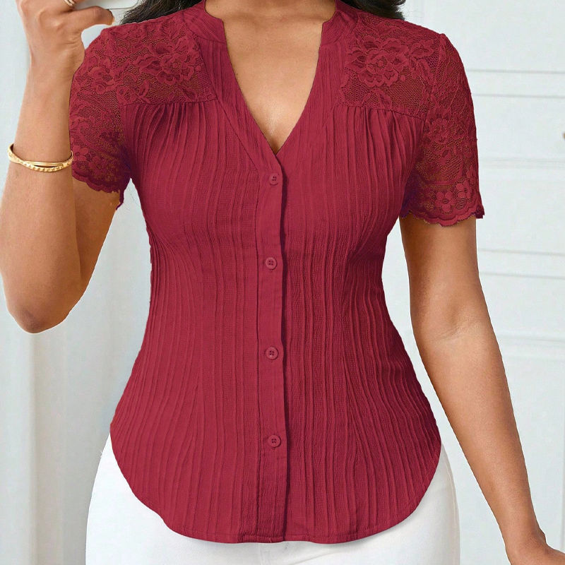 🔥Limited-time offer-Women's V-Neck Lace Sleeve Button Down Summer Blouse