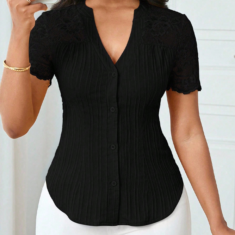 🔥Limited-time offer-Women's V-Neck Lace Sleeve Button Down Summer Blouse
