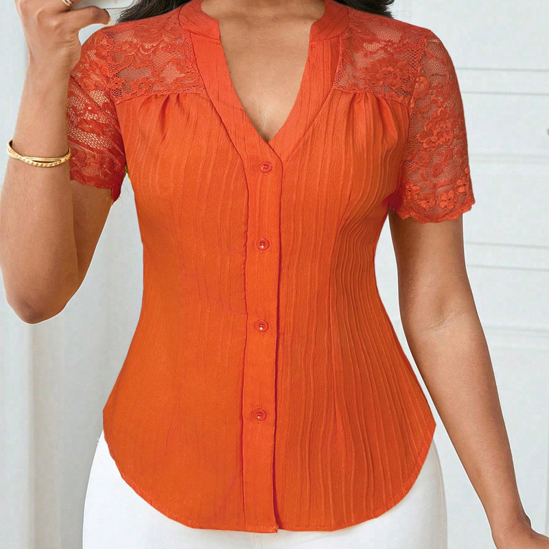 🔥Limited-time offer-Women's V-Neck Lace Sleeve Button Down Summer Blouse