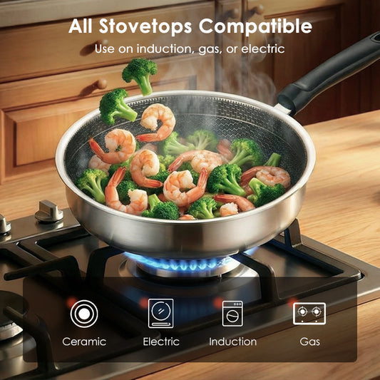 🍳🔥 Honeycomb Non-Stick Stainless Steel Frying Pan ⚡🧊 Even Heating, Oil-Free Healthy Cooking, Induction Compatible, Durable & Easy Clean for Daily Kitchen Use