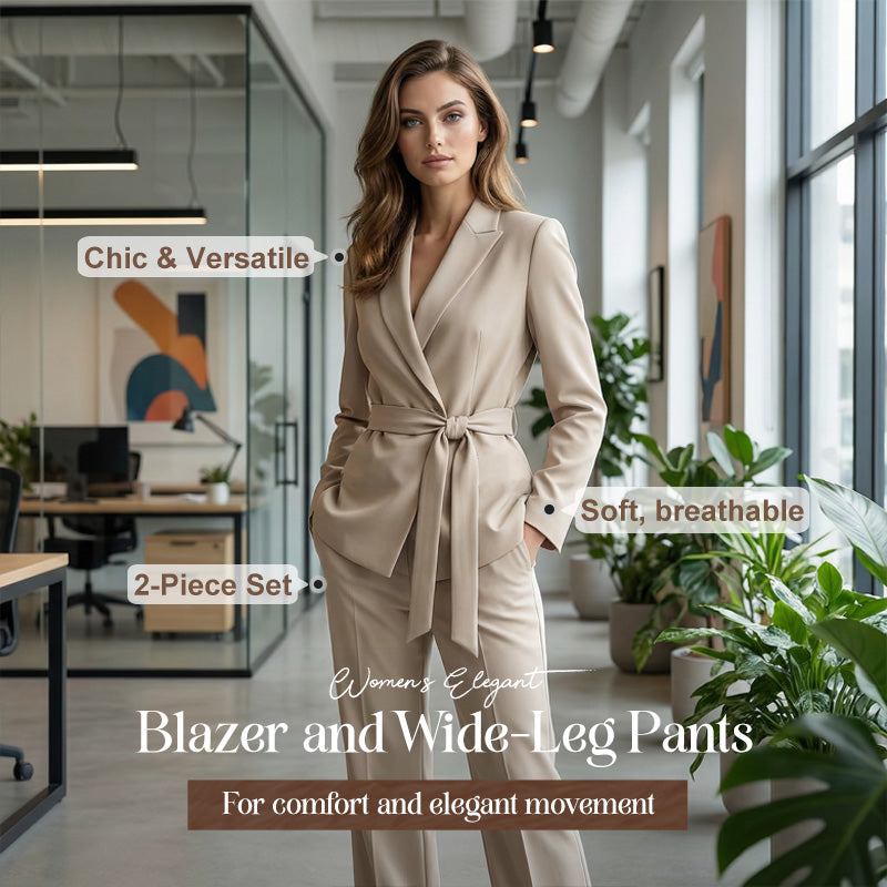 🔥Limited-time offer-Women's Elegant Tie-Waist Blazer and Wide-Leg Pants Suit Set