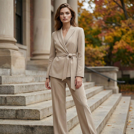 🔥Limited-time offer-Women's Elegant Tie-Waist Blazer and Wide-Leg Pants Suit Set