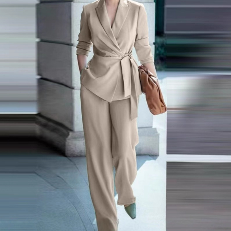 🔥Limited-time offer-Women's Elegant Tie-Waist Blazer and Wide-Leg Pants Suit Set