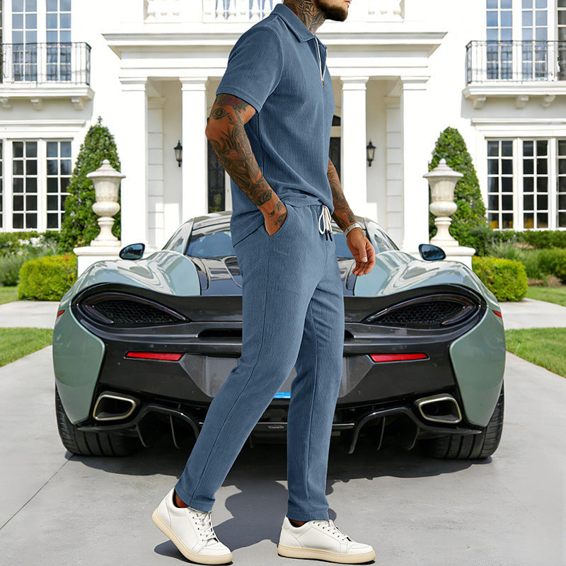 Men's Zip-Neck Top& Drawstring Pants Set