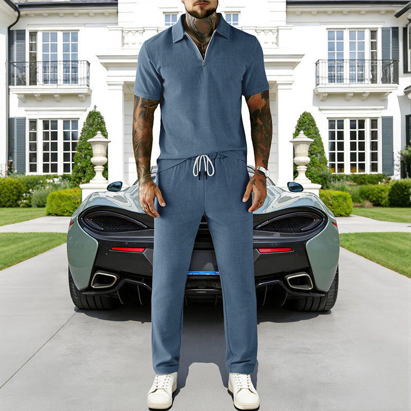 Men's Zip-Neck Top& Drawstring Pants Set