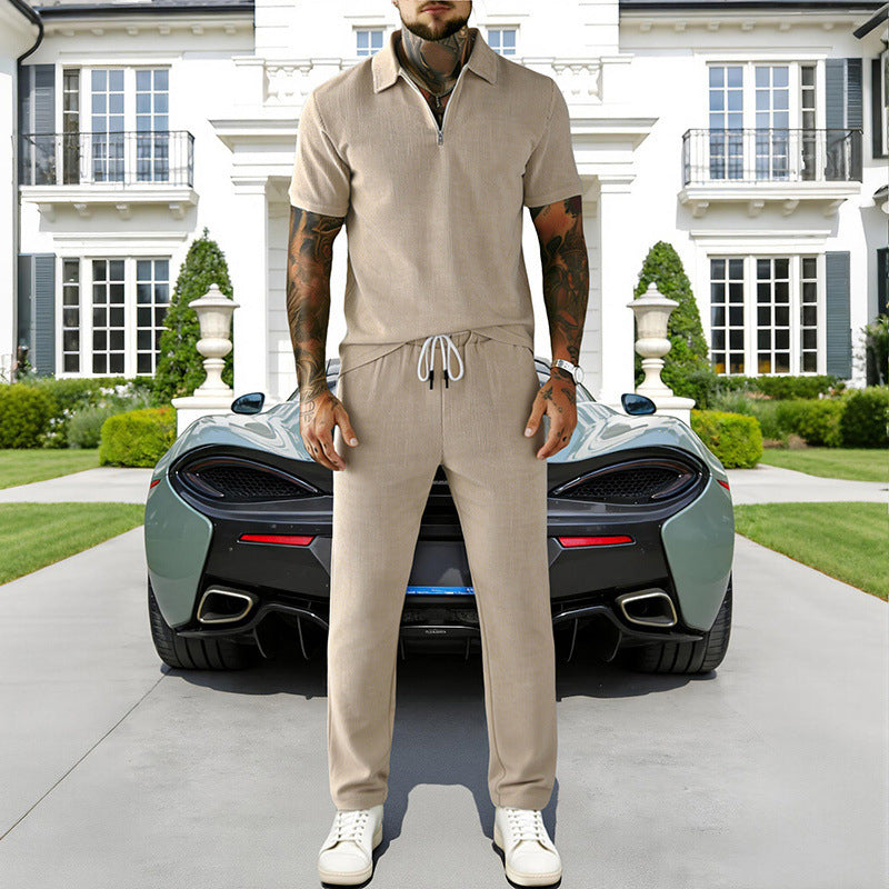 Men's Zip-Neck Top& Drawstring Pants Set