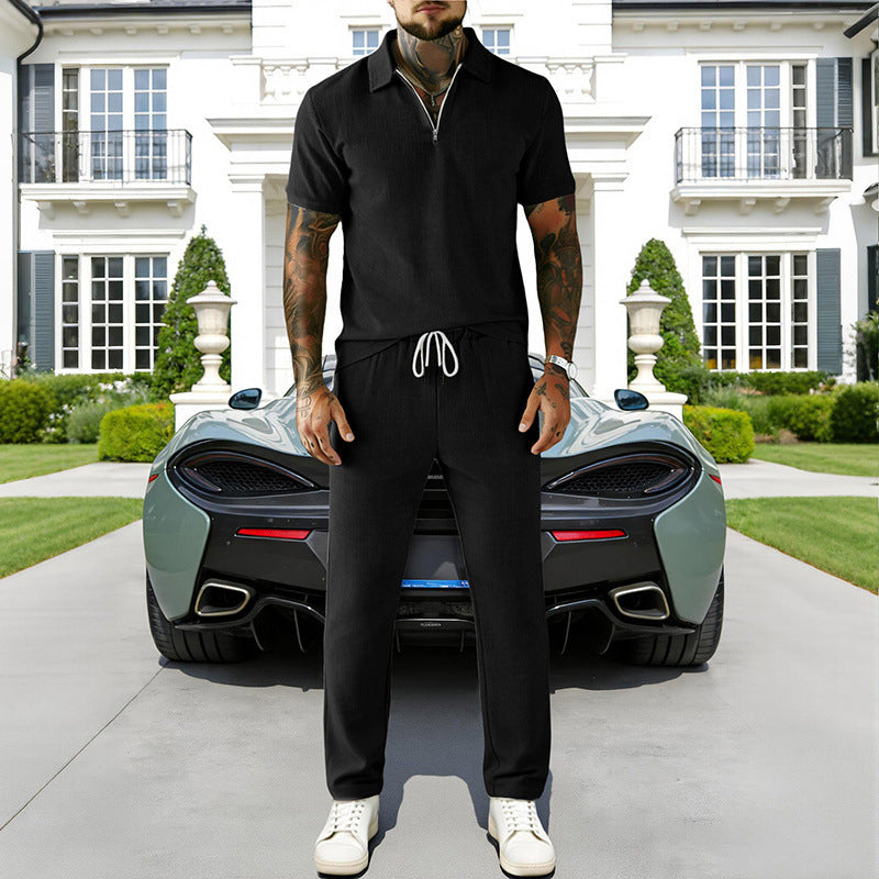 Men's Zip-Neck Top& Drawstring Pants Set