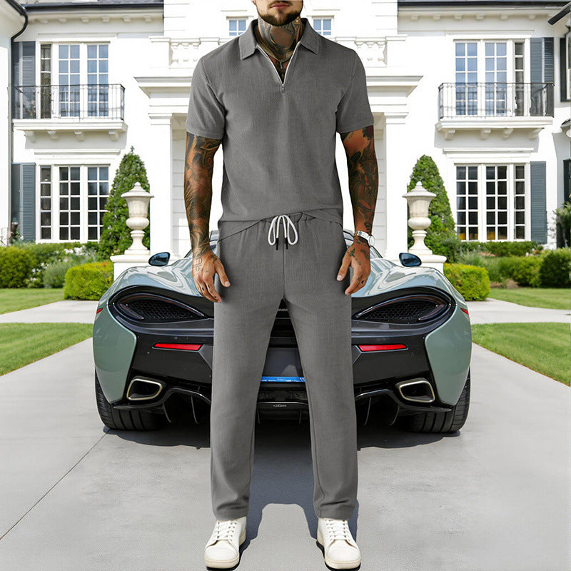 Men's Zip-Neck Top& Drawstring Pants Set