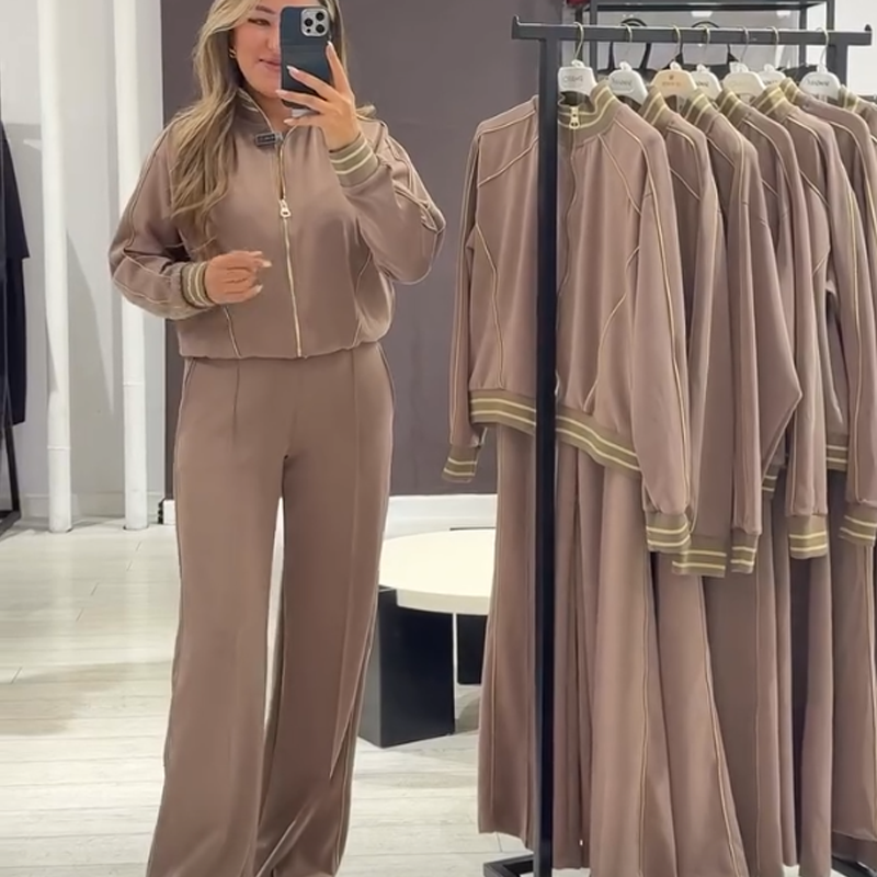 🔥Hot Sale Offers-Elegant Zip-Up Jacket & Wide-Leg Pants Set