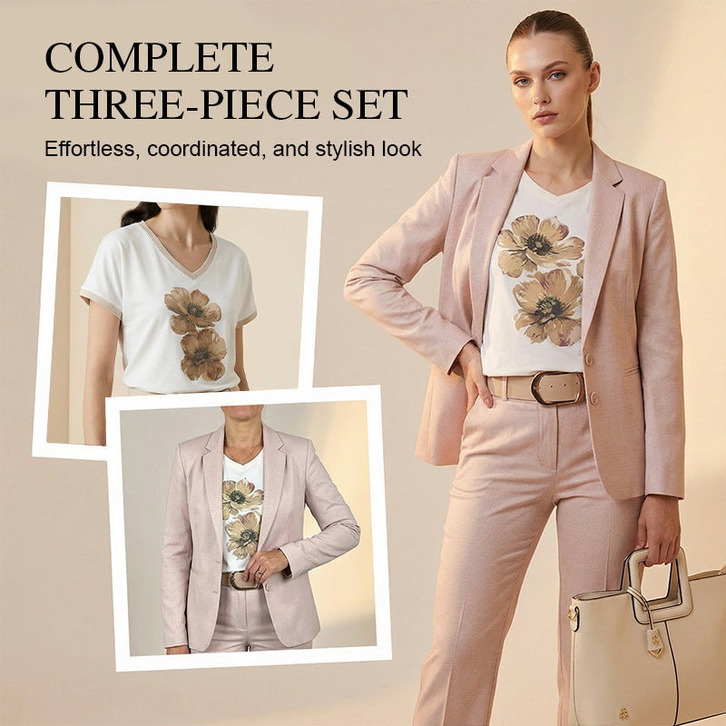 Women's Blazer & Pants 3-Piece Set with T-Shirt