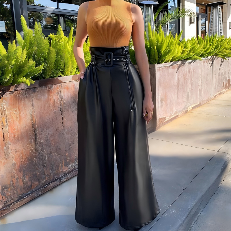 Modern High-Waist PU Leather Wide-Leg Pants