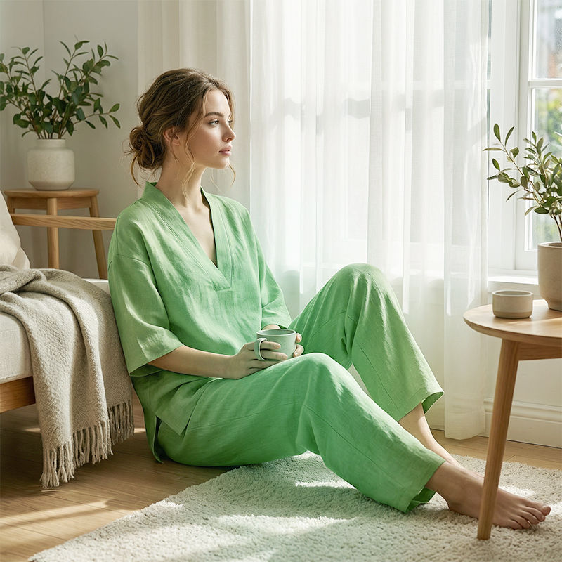 Women's Linen Cotton V-Neck Two-Piece Set