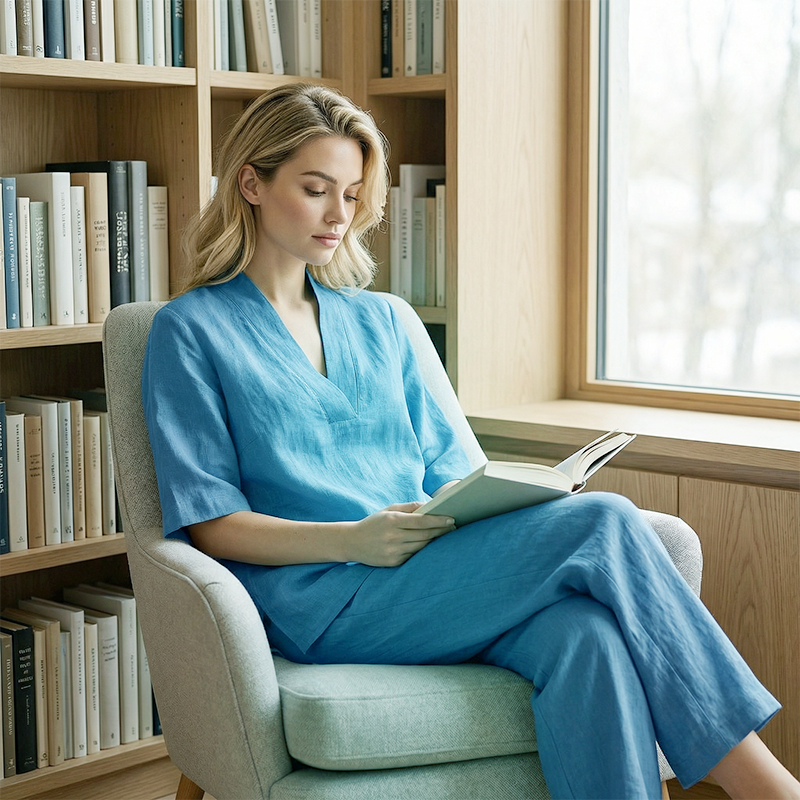 Women's Linen Cotton V-Neck Two-Piece Set