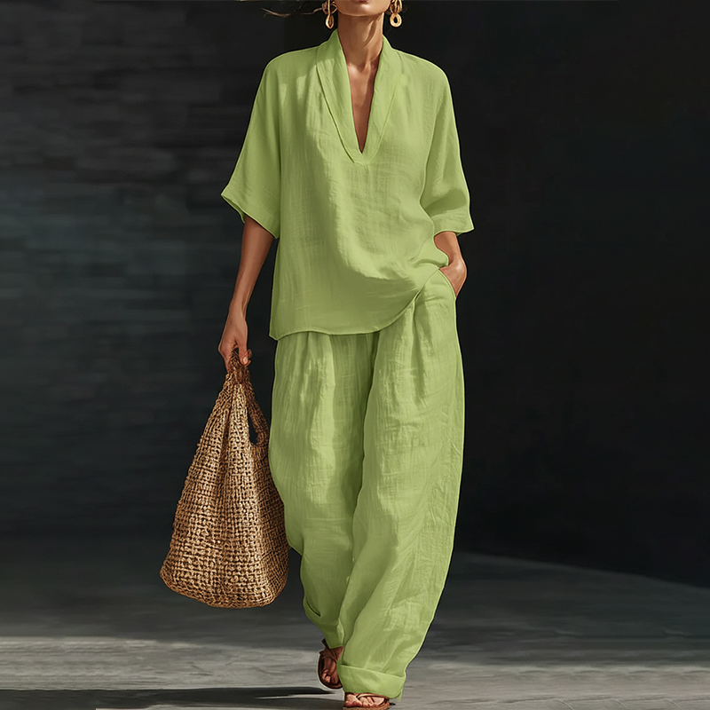 Women's Linen Cotton V-Neck Two-Piece Set