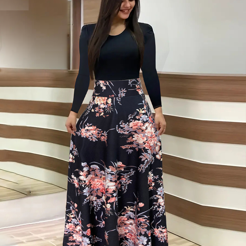 Women's Long Sleeve Floral Print Spliced Dress