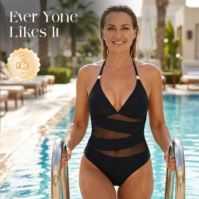 🔥Hot Sale Offers-Halter Neck One-Piece Swimsuit with Mesh Panels