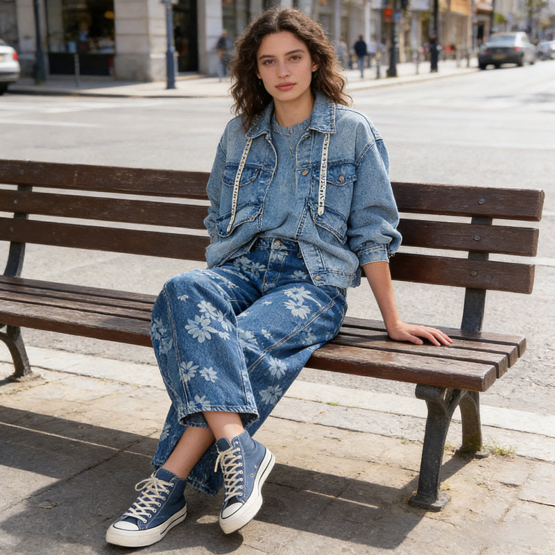 Women's Floral Print Barrel-Leg Jeans