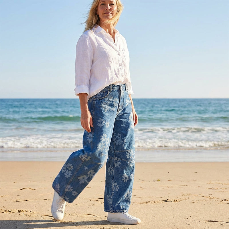 Women's Floral Print Barrel-Leg Jeans