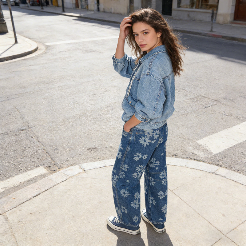 Women's Floral Print Barrel-Leg Jeans