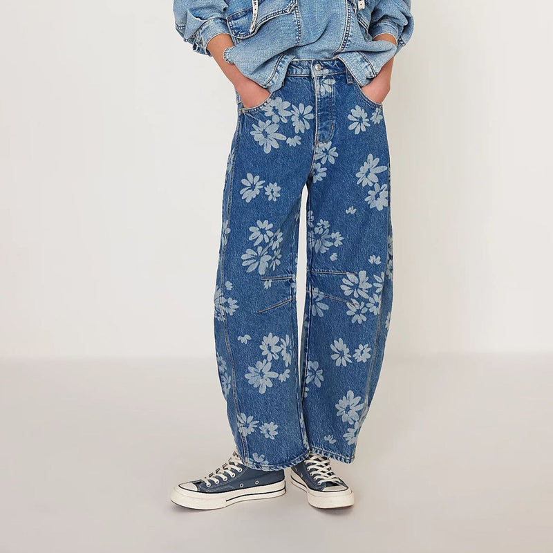 Women's Floral Print Barrel-Leg Jeans