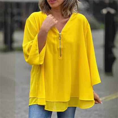👚 60% OFF NOW! ✨ Double-Layer V-Neck Zipper 3/4 Sleeves Soft Tops – Elegant Design, Comfortable Fit & Versatile Style 🌸