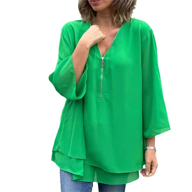 👚 60% OFF NOW! ✨ Double-Layer V-Neck Zipper 3/4 Sleeves Soft Tops – Elegant Design, Comfortable Fit & Versatile Style 🌸