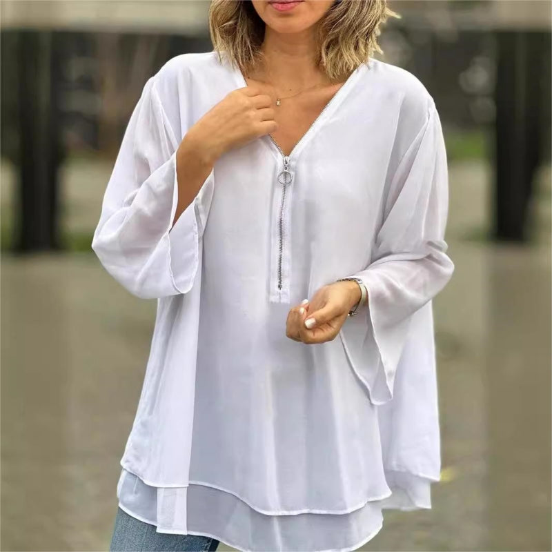 👚 60% OFF NOW! ✨ Double-Layer V-Neck Zipper 3/4 Sleeves Soft Tops – Elegant Design, Comfortable Fit & Versatile Style 🌸