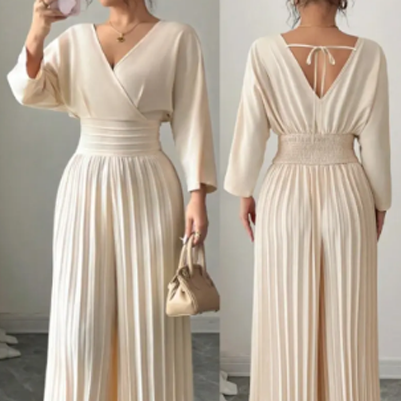 🔥Hot Sale Deals-Elegant V-Neck Pleated Wide-Leg Jumpsuit