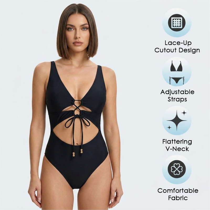 Lace-Up Front Monokini Beachwear with Cutouts