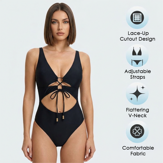 Lace-Up Front Monokini Beachwear with Cutouts