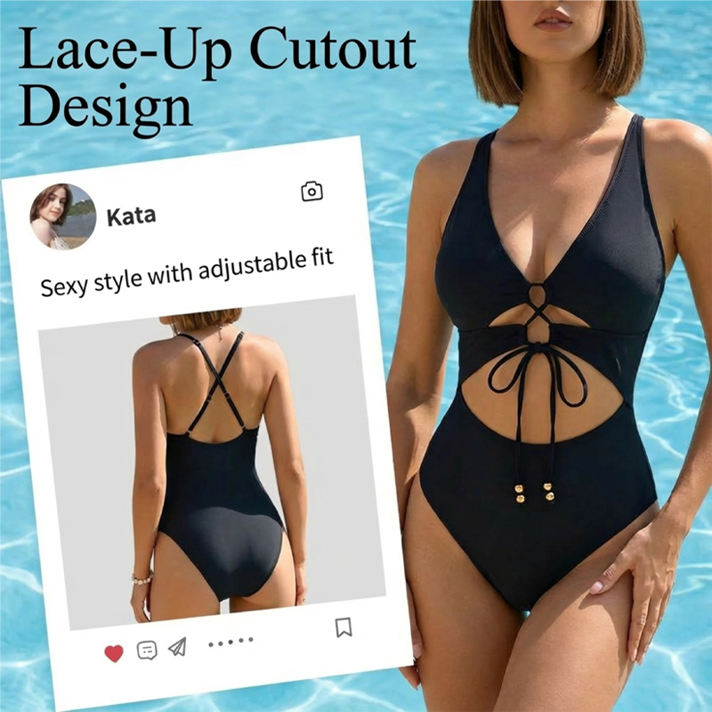 Lace-Up Front Monokini Beachwear with Cutouts
