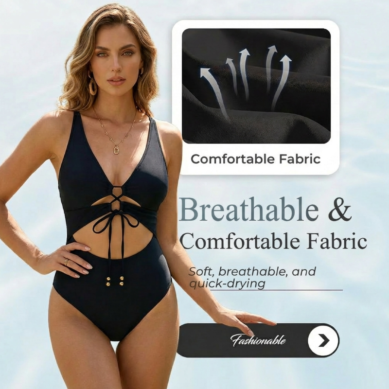 Lace-Up Front Monokini Beachwear with Cutouts