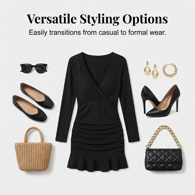 🔥Limited-time offer-Long Sleeve V-Neck Ruched Bodycon Mini Dress