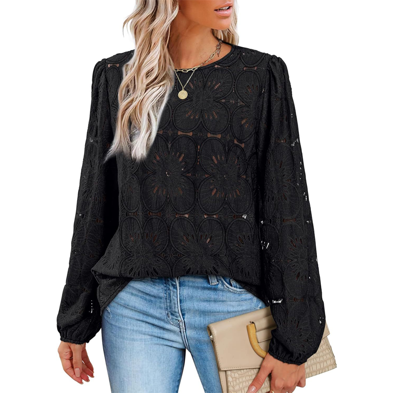🔥Limited-time offer-Women's Elegant Crew Neck Hollow-Out Long Sleeve Top