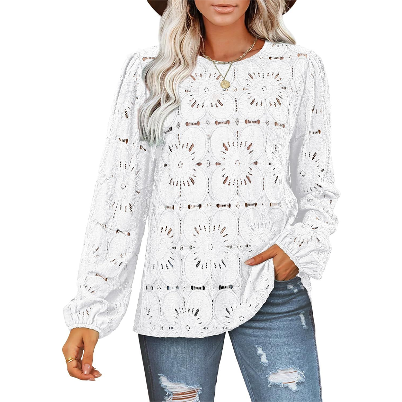🔥Limited-time offer-Women's Elegant Crew Neck Hollow-Out Long Sleeve Top