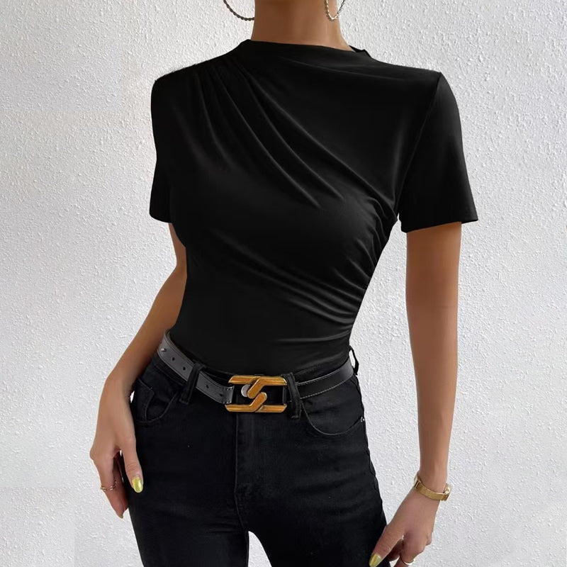 Women's Mock Neck Ruched Short-Sleeve T-Shirt