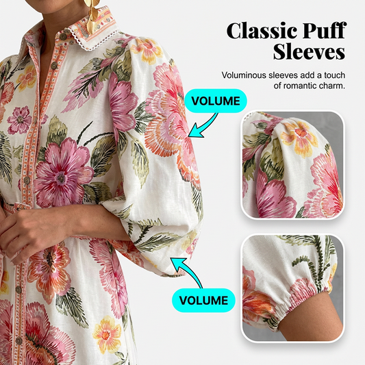 🔥Hot Deals-Vintage Floral Shirt Dress with Puff Sleeve