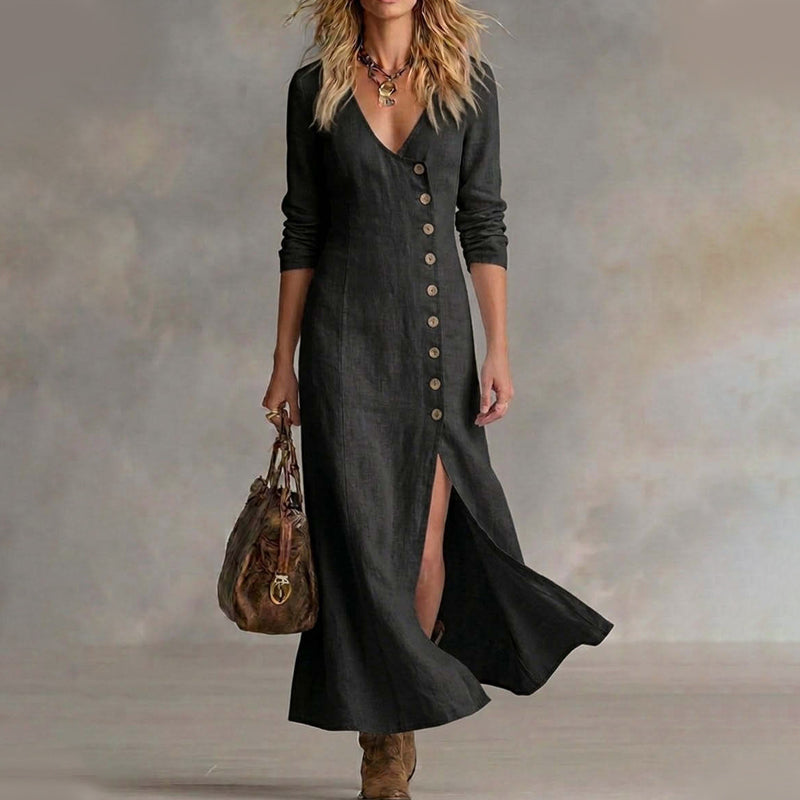 🔥Limited-time offer-Women's Long Sleeve V-Neck Button-Down Maxi Dress