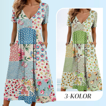 Women's V-neck dresses with short sleeves in patterned designs