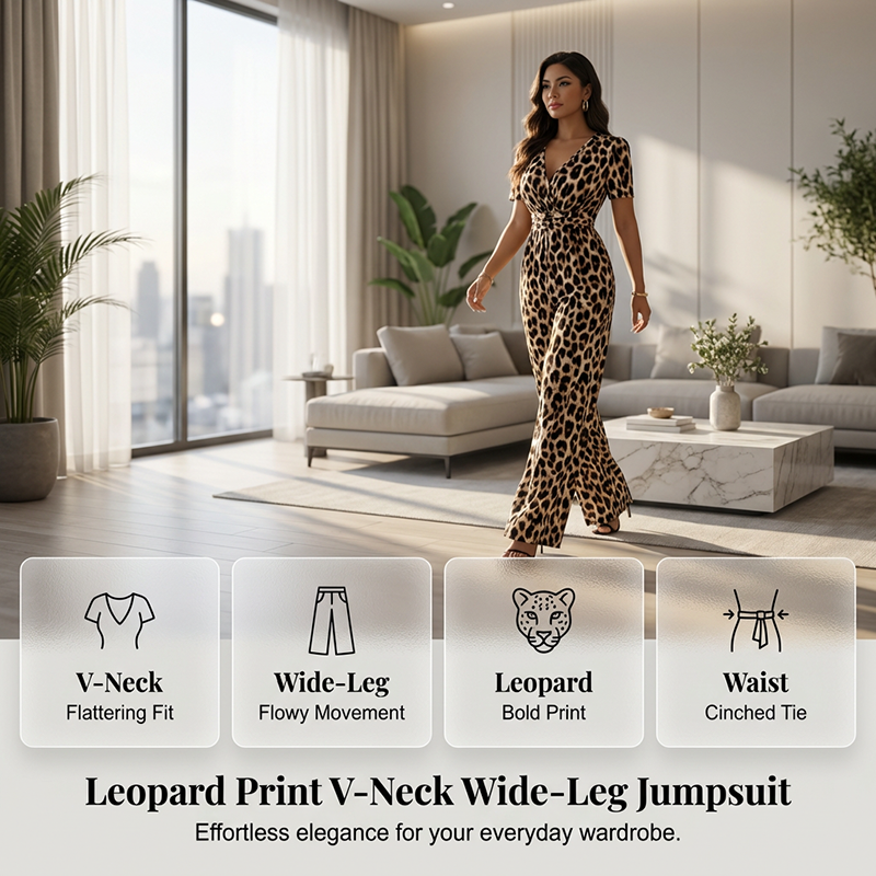 🔥Hot Deals-Leopard Print V-Neck Wide-Leg Jumpsuit