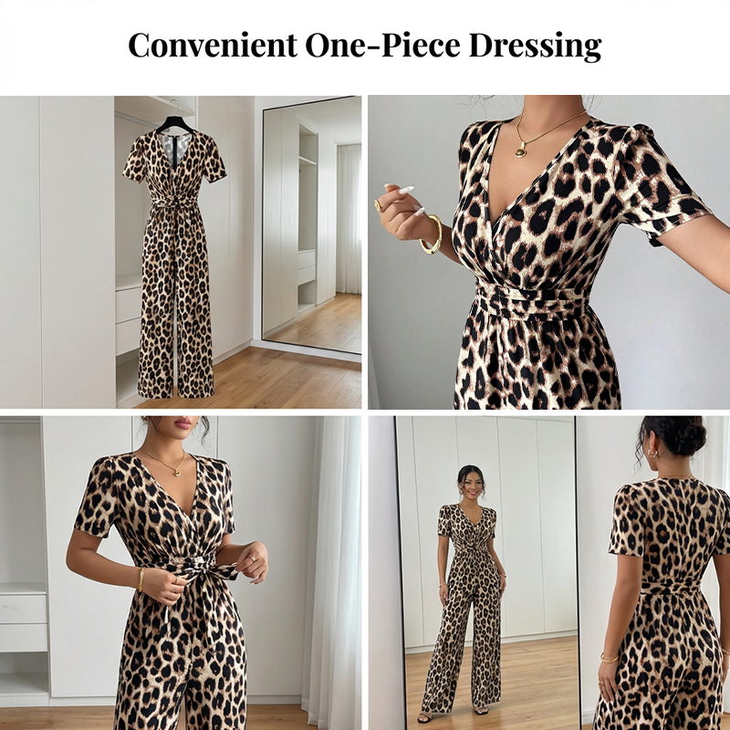 🔥Hot Deals-Leopard Print V-Neck Wide-Leg Jumpsuit