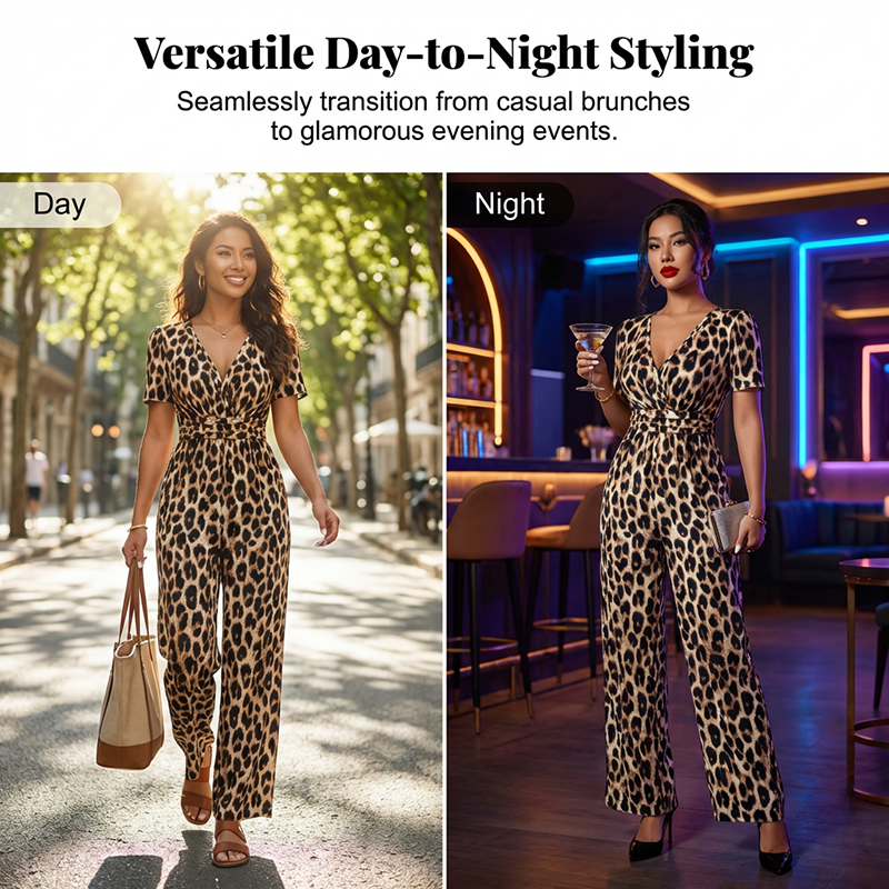 🔥Hot Deals-Leopard Print V-Neck Wide-Leg Jumpsuit