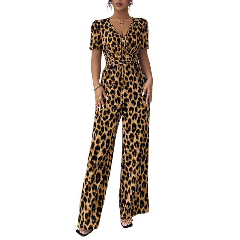 🔥Hot Deals-Leopard Print V-Neck Wide-Leg Jumpsuit