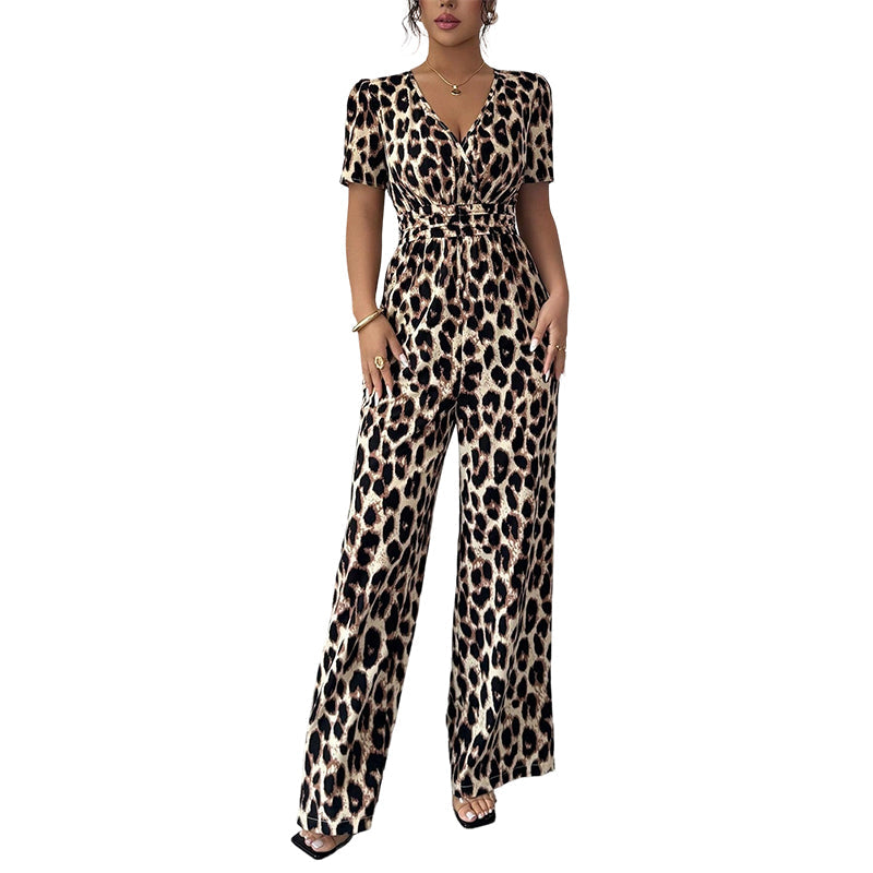 🔥Hot Deals-Leopard Print V-Neck Wide-Leg Jumpsuit