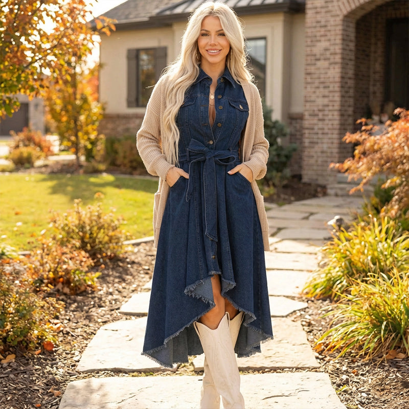 ⏰🔥LIMITED TIME 50% OFF! 💎 Sleeveless Denim Dress – High-Low Hem, Adjustable Waist & Premium Cotton for Effortless Summer Style 👗☀️