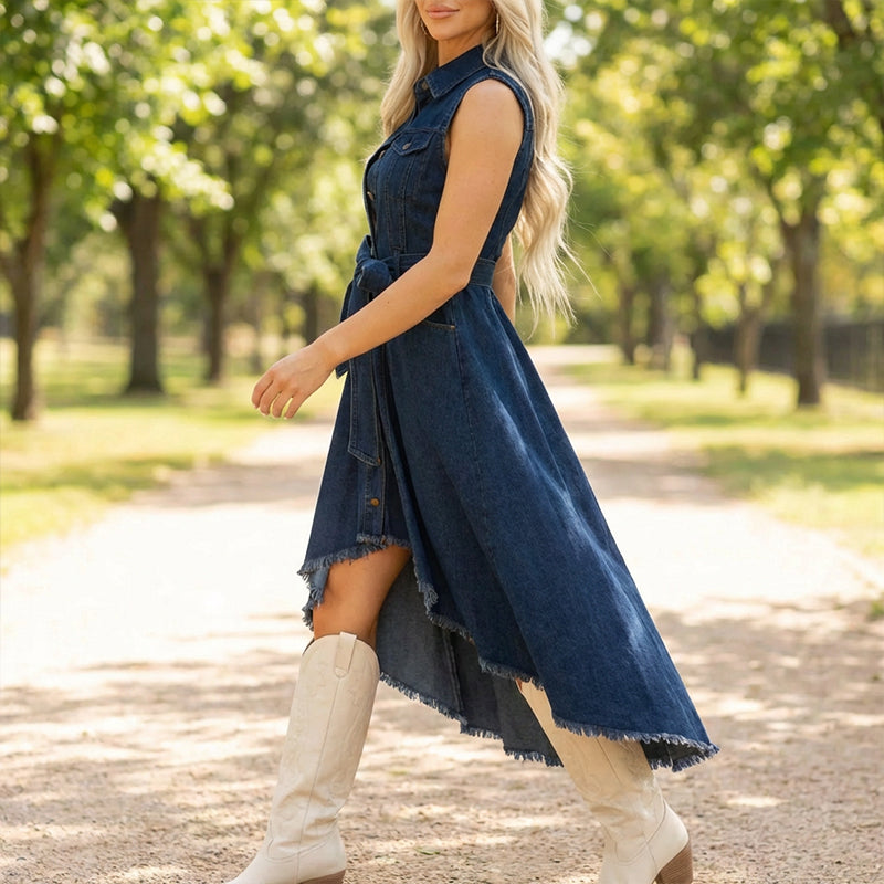 ⏰🔥LIMITED TIME 50% OFF! 💎 Sleeveless Denim Dress – High-Low Hem, Adjustable Waist & Premium Cotton for Effortless Summer Style 👗☀️