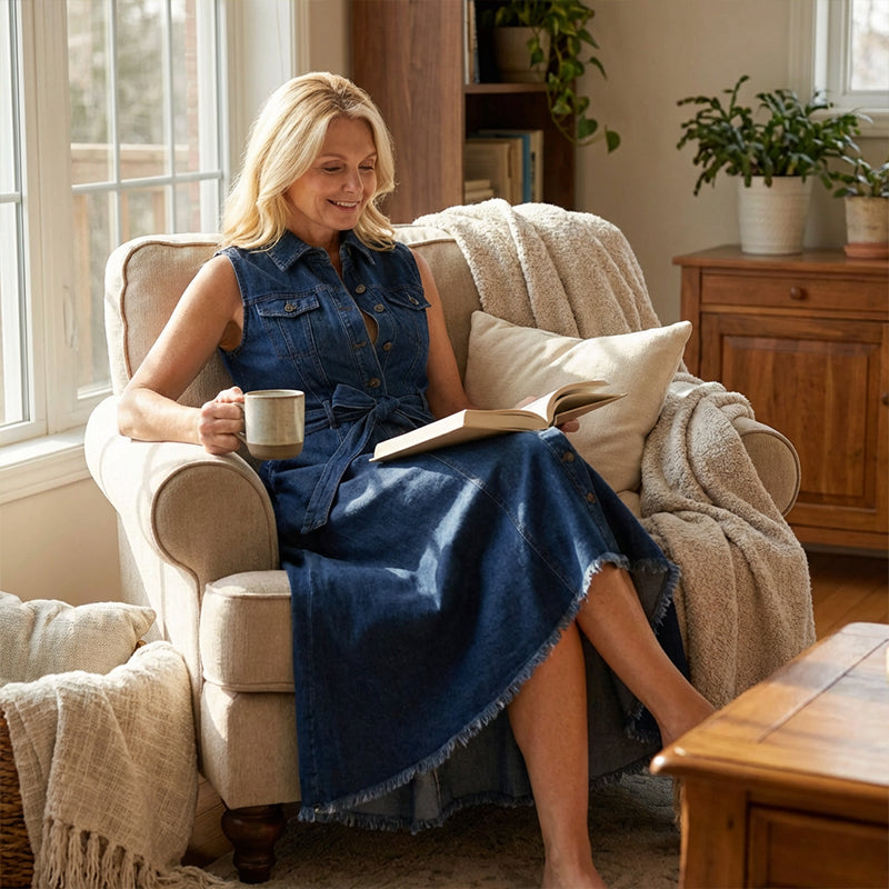⏰🔥LIMITED TIME 50% OFF! 💎 Sleeveless Denim Dress – High-Low Hem, Adjustable Waist & Premium Cotton for Effortless Summer Style 👗☀️